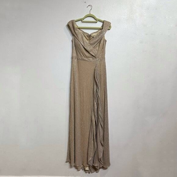 Aqua Gold Ruffled Cap Sleeve Off Shoulder Metallic Maxi Gown Sz 4 NWT - Picture 2 of 14